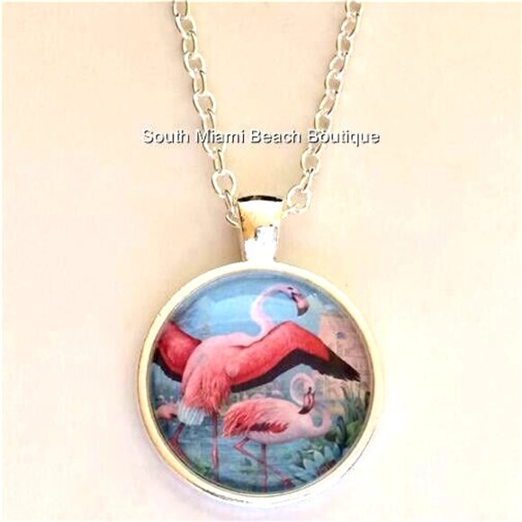 Pink Flamingo Necklace Silver Plated 24" Chain Glass Dome Pendant Tropical - Picture 2 of 9